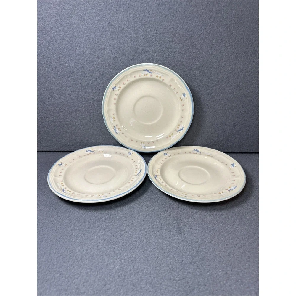 Aunt Rhody Goose Saucers Set of 3 Blue Bow Farmhouse Stoneware